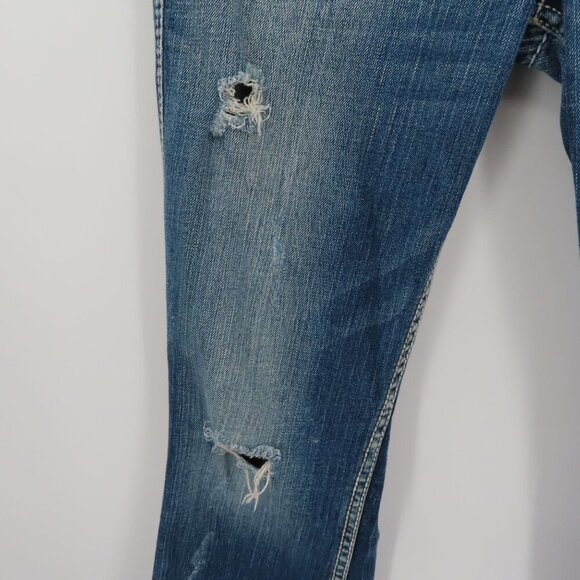 Silver Jeans Women 5 Twisted Bootcut Distressed Denim Solid Blue White Seams - Picture 4 of 15